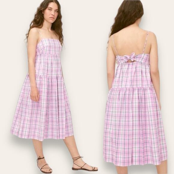 J. CREW DRESS 8 MIDI TIERED POPLIN PINK PLAID PURPLE VIOLET COTTON TIE BACK - Picture 1 of 9